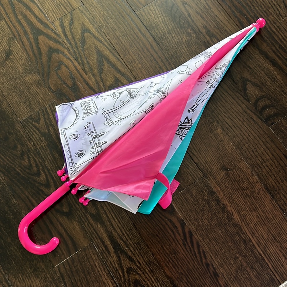Kids Waterproof Umbrella with Pink Handle and Multicolor Canopy